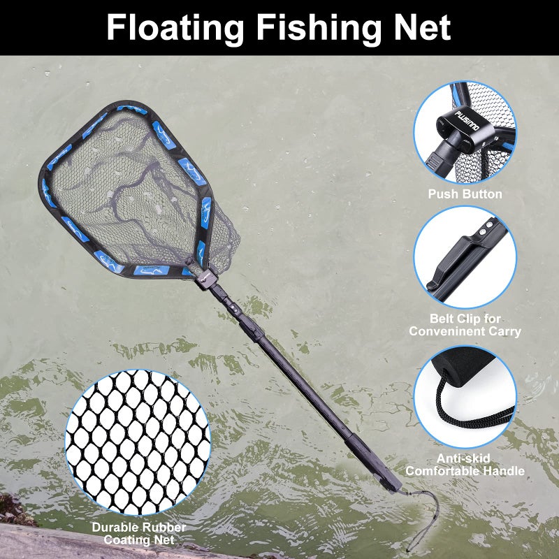 PLUSINNO Floating Fishing Net for Steelhead, Salmon, Fly, Kayak, Catfish, Bass, Trout Fishing, Rubber Coated Landing Net for Easy Catch & Release, Compact & Foldable for Easy Transportation & Storage - Image 2