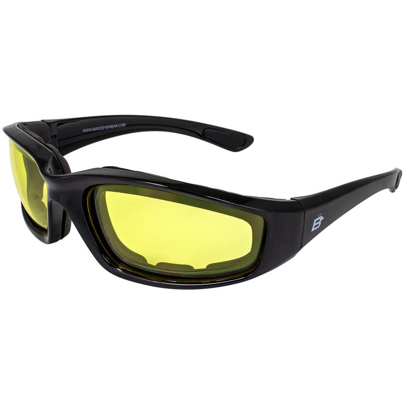 Birdz Eyewear Oriole Anti Fog Padded Motorcycle Riding Sunglasses Black Frame wYellow Lenses Rubber Ear Locks