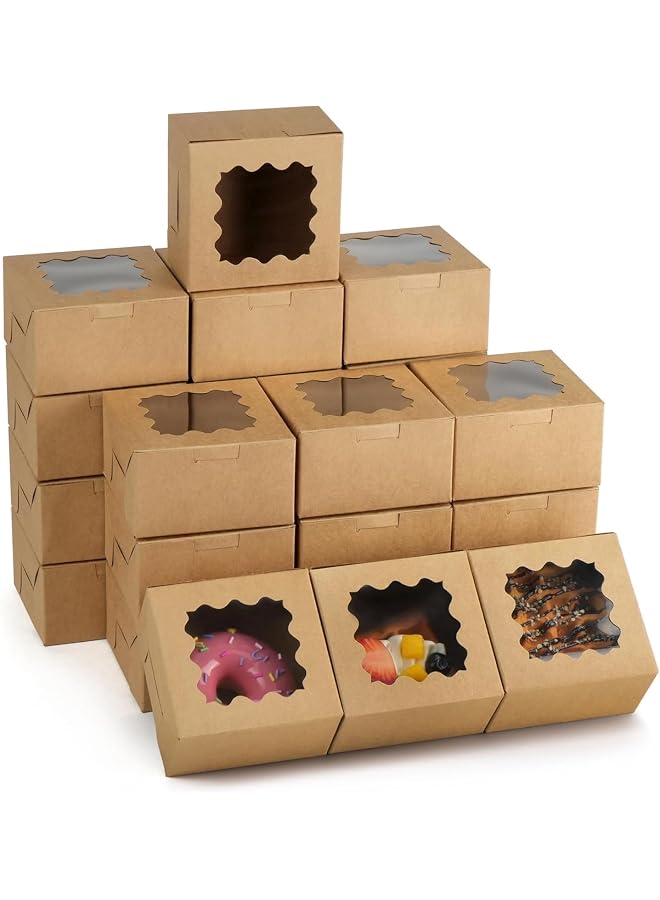 20pcs Brown Bakery Boxes, Small Cookie Box, Kraft Baking Boxes with Clear Windows for Strawberries Chocolate Dessert Treat Candy Donuts Mini Cake and Party Favor 4x4x2.5 Inches
