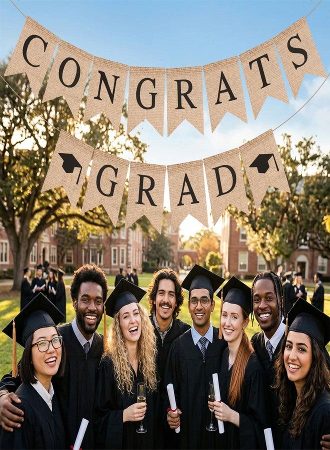 LIGHOON Graduation Burlap Congrats Grad Banner, Pre-Strung Grad Banner Garland, Hanging Decoration for Fireplace, Mantel, School Home Graduation Party Supplies - Image 4