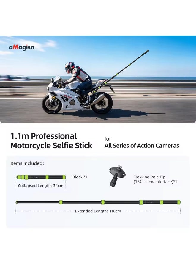 aMagisn Metal Motorcycle Selfie Stick Telescopic Pole, 1.1m Adjustable Length with 1/4" Thread Mount, Action Camera Accessory for GoPro DJI Insta360 X5 X4 Air - Image 1