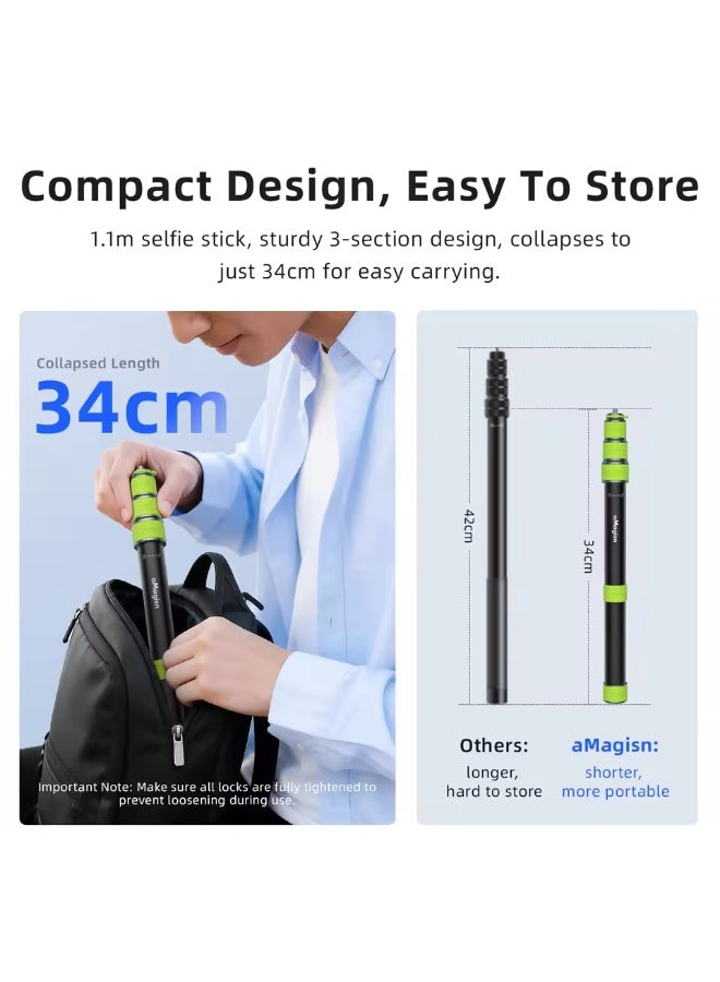 aMagisn Metal Motorcycle Selfie Stick Telescopic Pole, 1.1m Adjustable Length with 1/4" Thread Mount, Action Camera Accessory for GoPro DJI Insta360 X5 X4 Air - Image 4