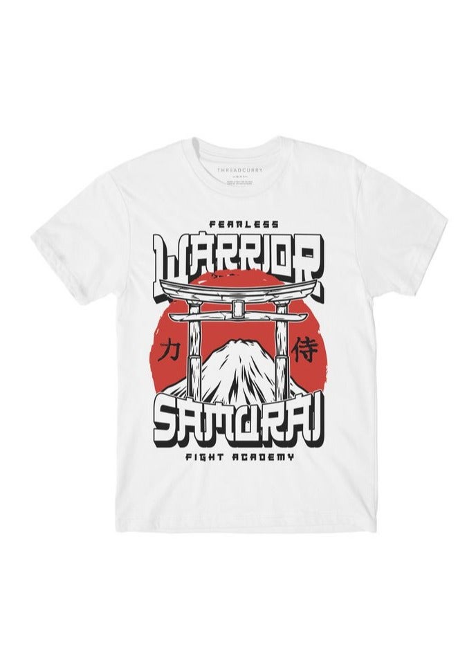 THREADCURRY Samurai Boys White Printed Round Neck T-shirt