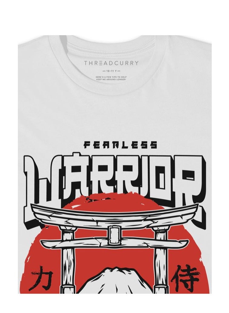 THREADCURRY Samurai Boys White Printed Round Neck T-shirt