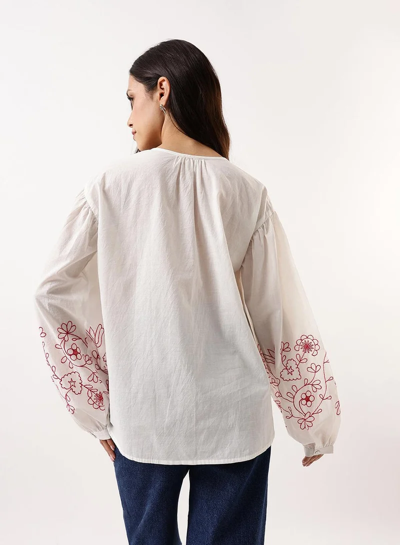 Dennis Lingo Women's Marshmallow Cambric Embroidered T-Shirt Regular Fit Tops