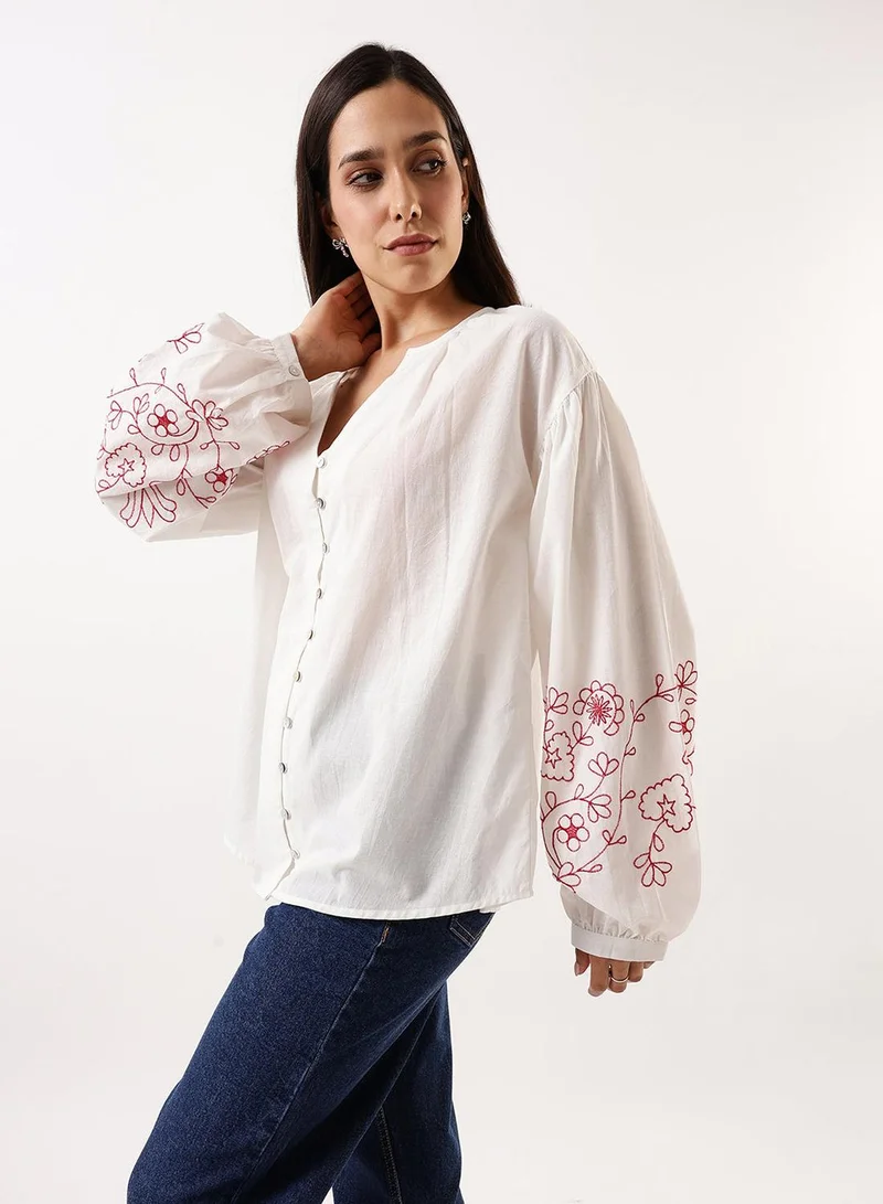 Dennis Lingo Women's Marshmallow Cambric Embroidered T-Shirt Regular Fit Tops