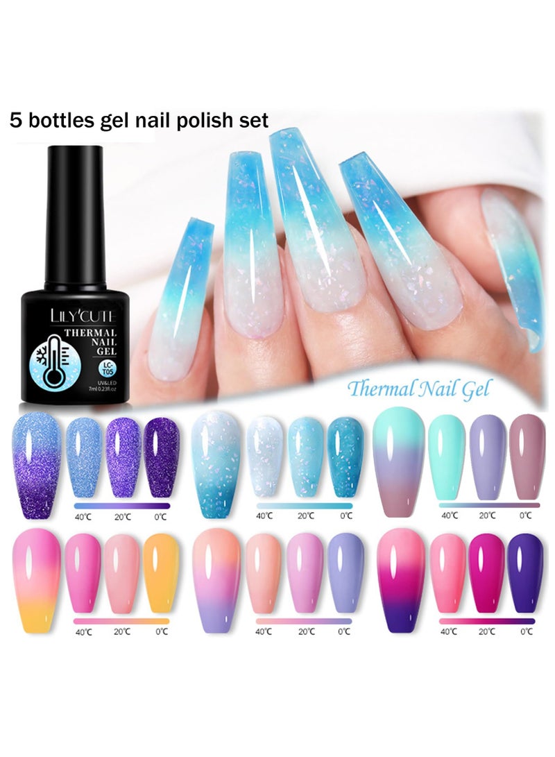 SYOSI 5 Pcs Gel Nail Polish, Colour Changing Gel Nail Polish Set, UV Gel Thermal Temperature Nail Polish Set Soak Off Glitter Matte Finish Nails Art Gifts For Women - Image 3