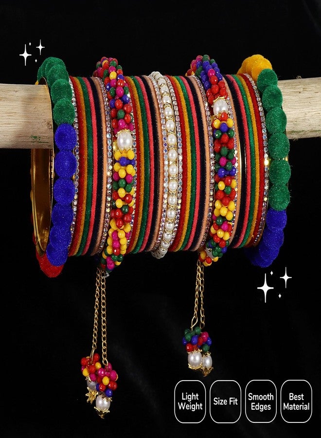 NMII Designer Metal White Stone & Pearls Moti Velvet Latkan Bangles Bridal Chuda Set for Women & Girls | Multi Colour Bangles | Chuda-(Chuda99-Multi-2.4) - Image 4