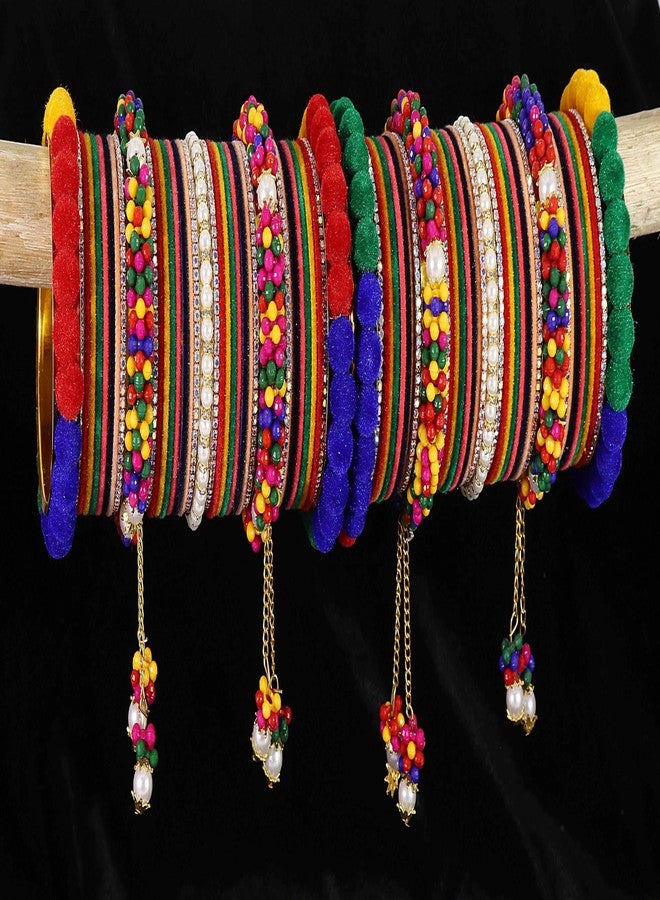 NMII Designer Metal White Stone & Pearls Moti Velvet Latkan Bangles Bridal Chuda Set for Women & Girls | Multi Colour Bangles | Chuda-(Chuda99-Multi-2.4) - Image 3