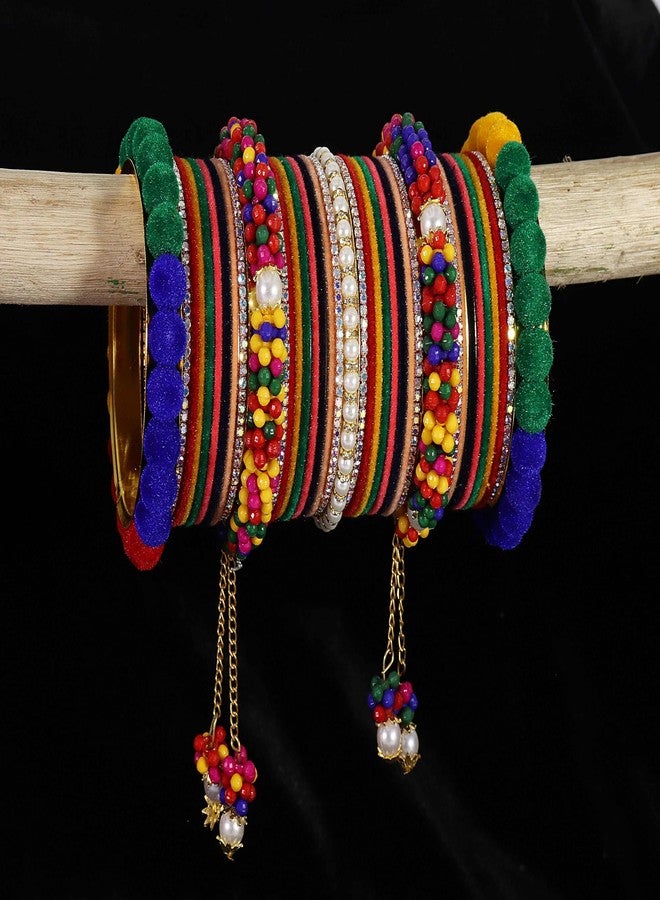 NMII Designer Metal White Stone & Pearls Moti Velvet Latkan Bangles Bridal Chuda Set for Women & Girls | Multi Colour Bangles | Chuda-(Chuda99-Multi-2.4) - Image 2
