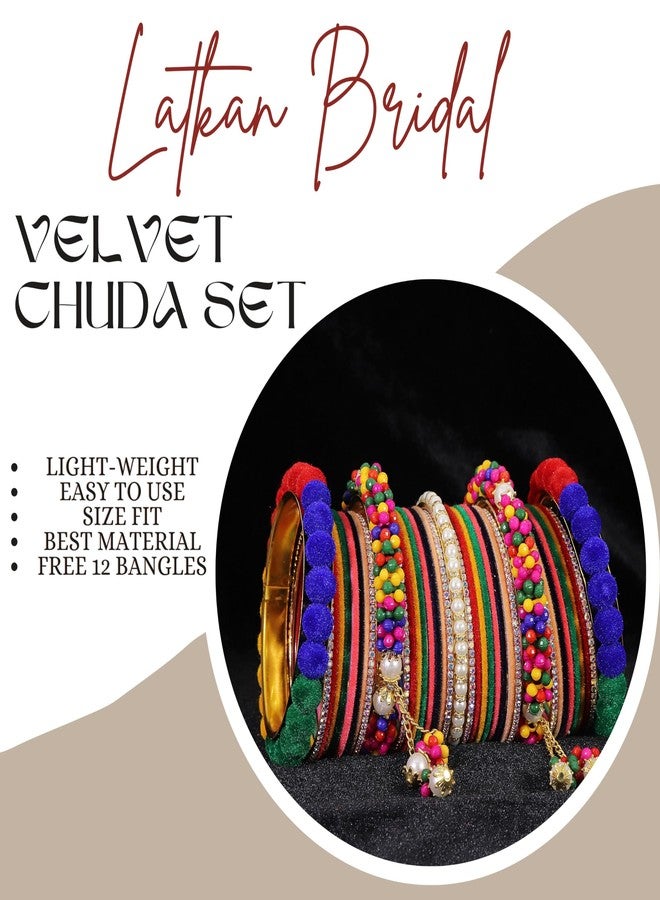 NMII Designer Metal White Stone & Pearls Moti Velvet Latkan Bangles Bridal Chuda Set for Women & Girls | Multi Colour Bangles | Chuda-(Chuda99-Multi-2.4) - Image 5