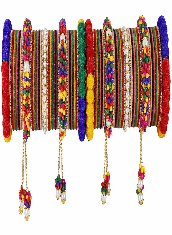 NMII Designer Metal White Stone & Pearls Moti Velvet Latkan Bangles Bridal Chuda Set for Women & Girls | Multi Colour Bangles | Chuda-(Chuda99-Multi-2.4) - Image 1