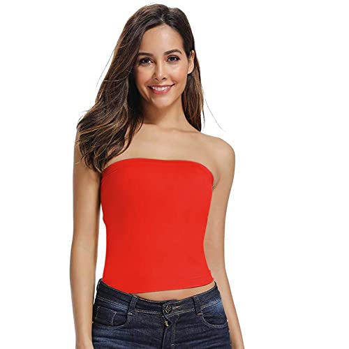 PLUMBURY Women's Seamless Strapless Crop Top Tube Top Inner Camisole, Free Size, Red - Image 1