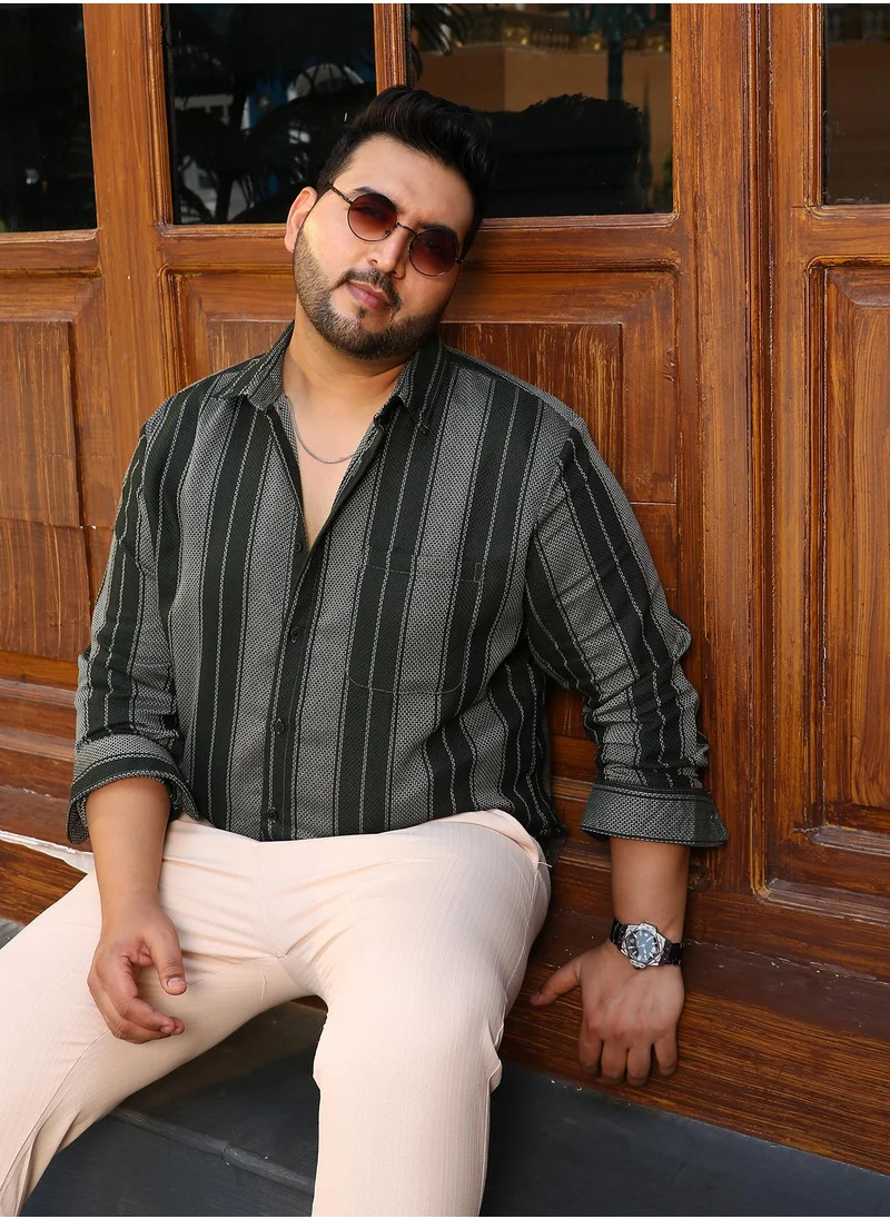 انستافاب بلس Instafab Plus Men's Sacramento Green Multitrack-Striped Shirt For Casual Wear | Spread Collar | Long Sleeves | Button Closure | Plus Size Shirt Crafted With Comfort Fit For Everyday Wear