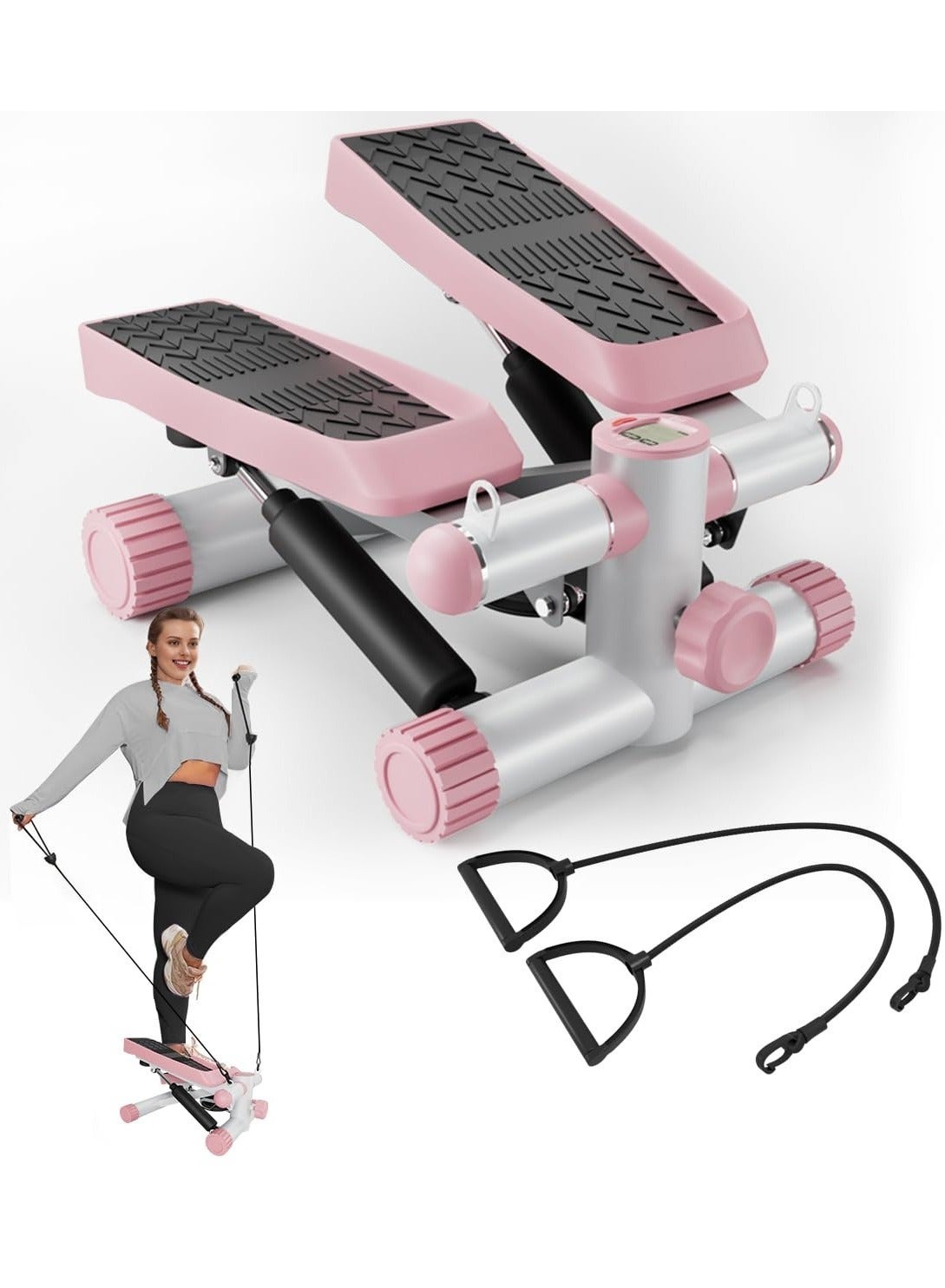 Steppers for Exercise, Stair Stepper with Resistance Bands, Mini Stepper with 330LBS Loading Capacity, Hydraulic Fitness Stepper with LCD Monitor, No Assembly Required,Pink