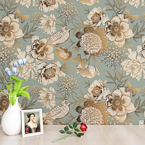 ReWallpaper ورق جدران قابل للإزالة 17.5 بوصة × 39 قدم ذهبى مزخرف بأزهار عتيقة وطيور ذهبية ورق جدران لاصق ذاتي للديكور في غرفة النوم وغرفة المعيشة - Image 5