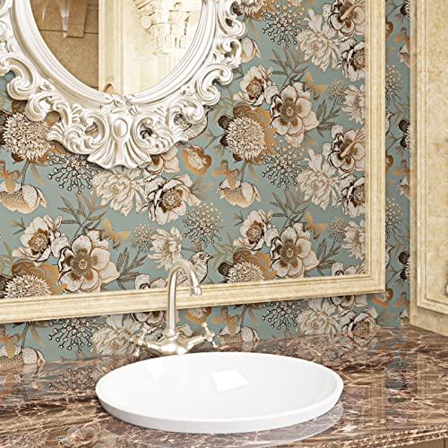 ReWallpaper ورق جدران قابل للإزالة 17.5 بوصة × 39 قدم ذهبى مزخرف بأزهار عتيقة وطيور ذهبية ورق جدران لاصق ذاتي للديكور في غرفة النوم وغرفة المعيشة - Image 2