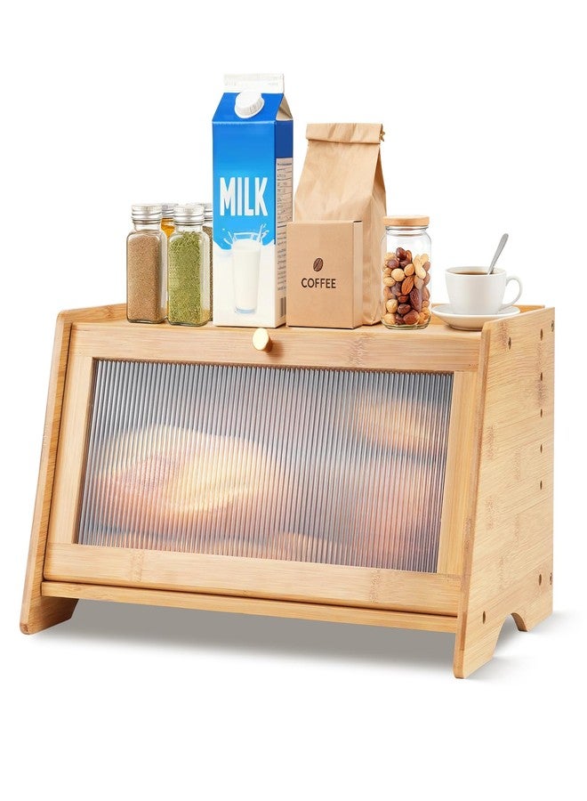 CUGBO Bamboo Breadbox for Kitchen Countertop, Farmhouse Large Capacity Bread Container Storage Bin with Striped Window Door Panel, Vintage Bread Holder for Bagels, Muffins, Cupcakes & Cookies (Natural) - Image 1
