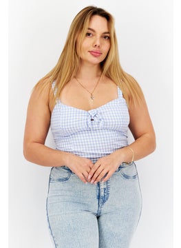 BB Dakota by Steve Madden Women Tie Neck Sleeveless Checkered Crop Top, Blue  - Image 1