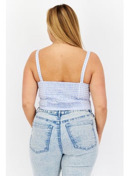 BB Dakota by Steve Madden Women Tie Neck Sleeveless Checkered Crop Top, Blue  - Image 3