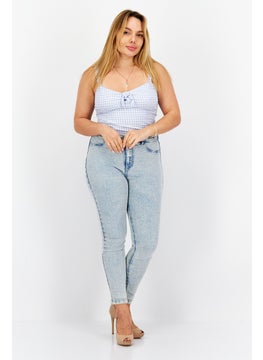 BB Dakota by Steve Madden Women Tie Neck Sleeveless Checkered Crop Top, Blue  - Image 2