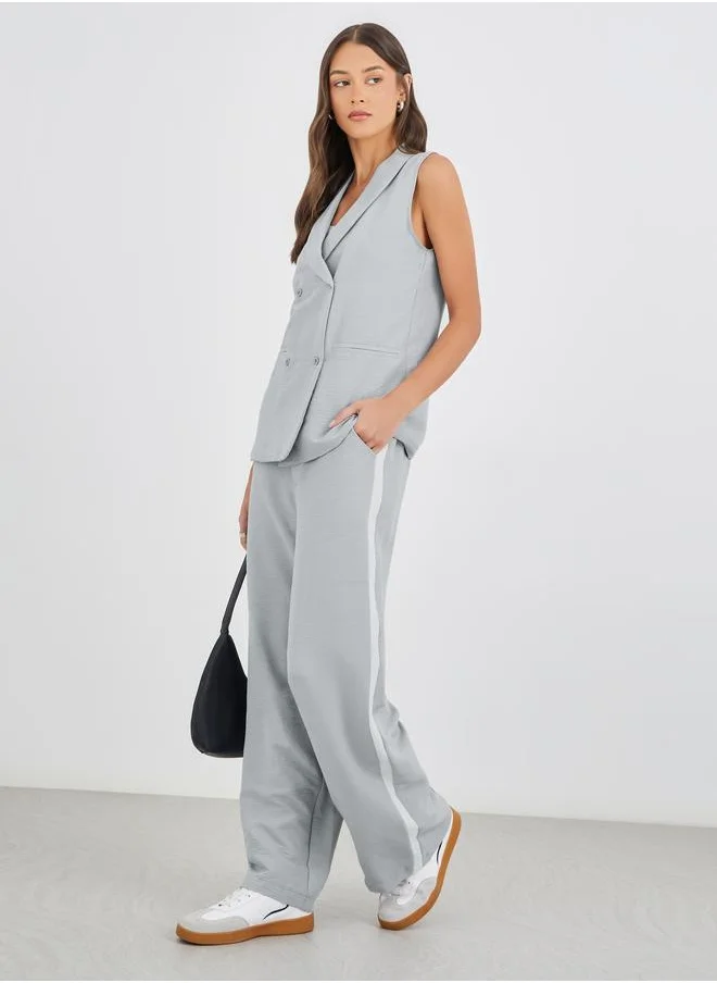 ستايلي Styli Solid Shawl Collar Sleeveless Blazer and Side Stripe Straight Leg Pants Co-Ords