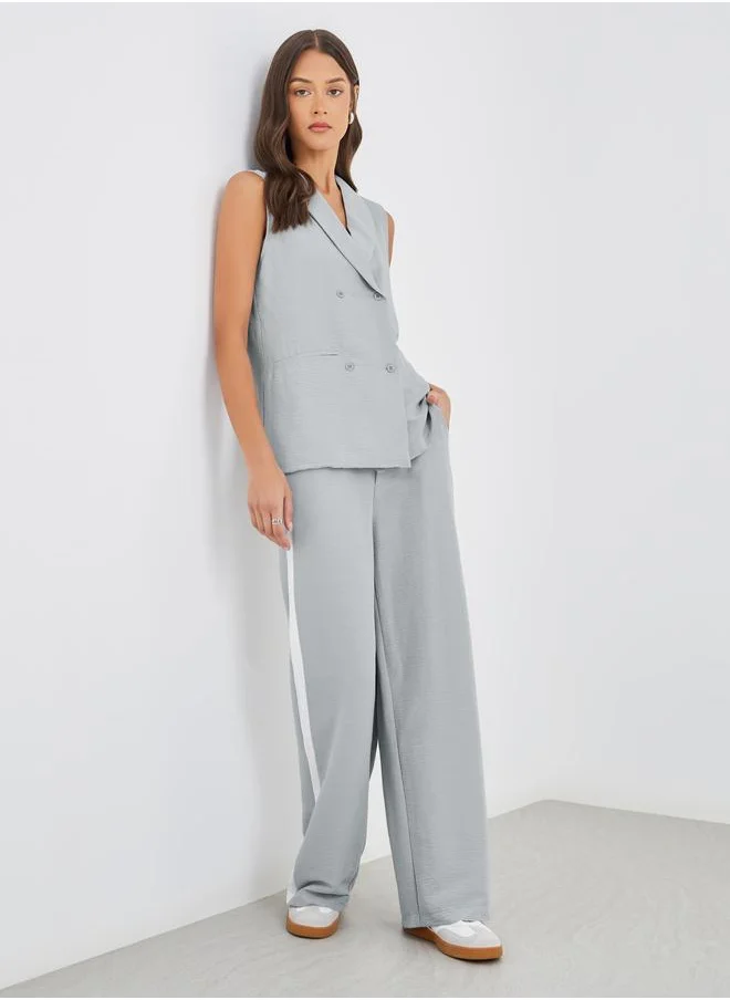ستايلي Styli Solid Shawl Collar Sleeveless Blazer and Side Stripe Straight Leg Pants Co-Ords
