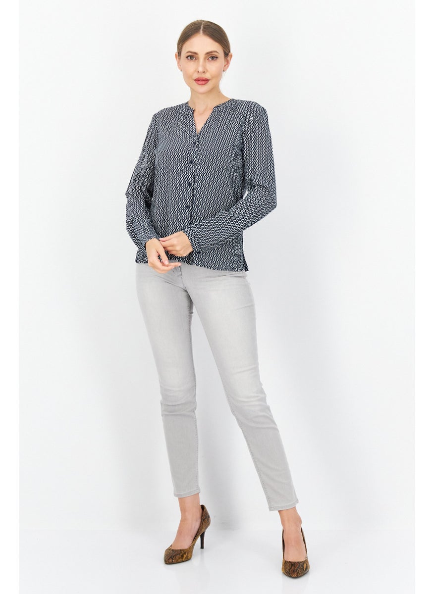 Zero Women Split Neck Long Sleeve Allover Print Blouse, Black  - Image 2