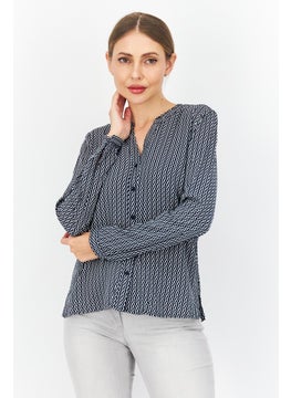 Zero Women Split Neck Long Sleeve Allover Print Blouse, Black  - Image 1
