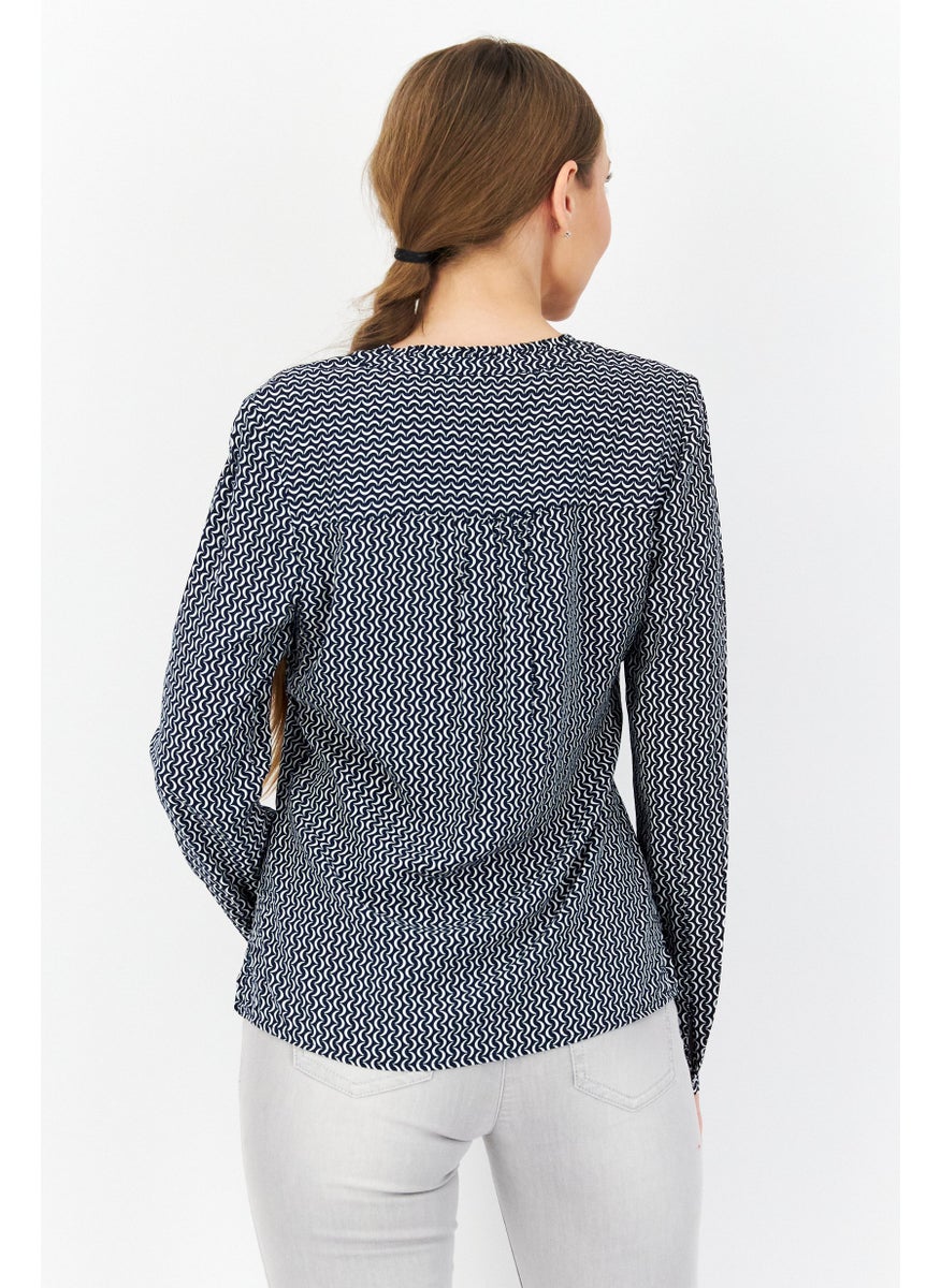 Zero Women Split Neck Long Sleeve Allover Print Blouse, Black  - Image 3