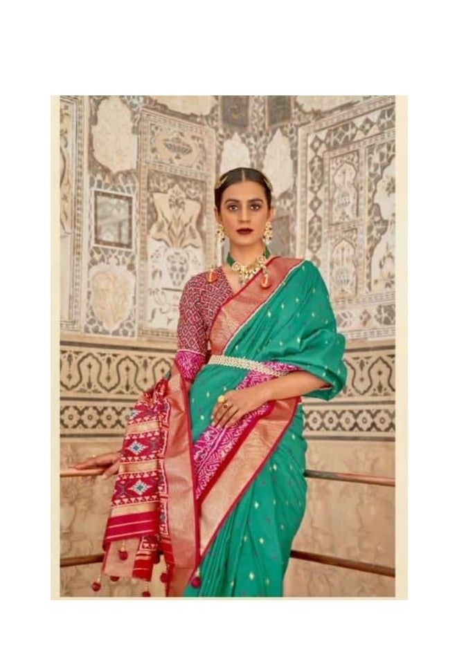 Grab Mantra - Green With Pink Border Patola Print Silk Saree With Unstitched Blouse - Image 1
