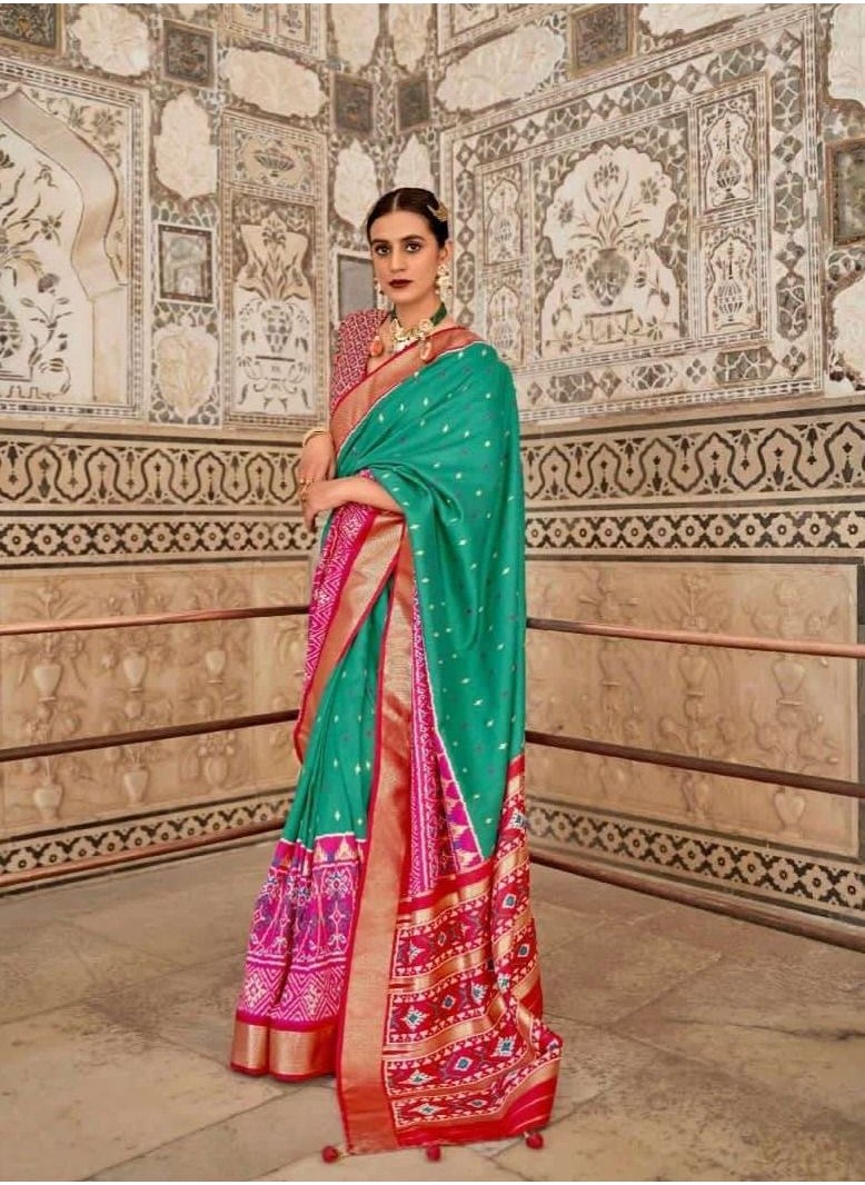 Grab Mantra - Green With Pink Border Patola Print Silk Saree With Unstitched Blouse - Image 1