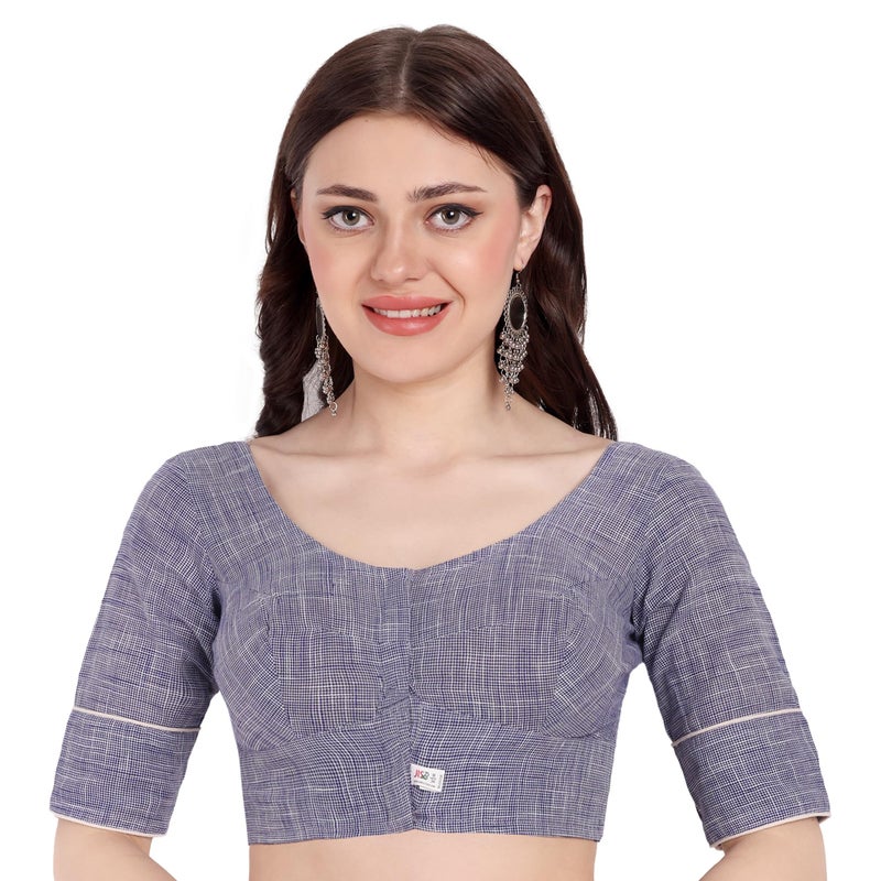 JISB Women's Cotton Micro Checks Elbow Sleeve Blouse (Blue, 42) - Image 5