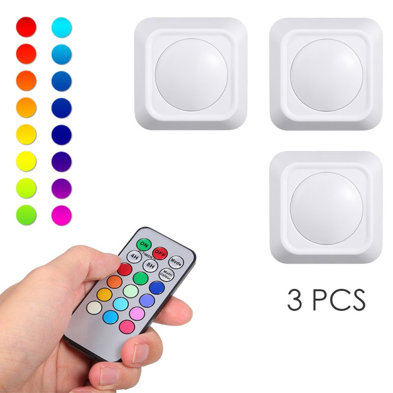 4.5 فولت 1 واط أضواء LED دائرية متغيرة الألوان RGB عبوة من 3 قطع تعمل بالبطارية مع جهاز تحكم عن بعد وإعداد مؤقت زمني ووظيفة ضبط الوقت 12 لونًا متغيرًا إضاءة لاسلكية أسفل الخزانة للجدران والسلالم والباب الأمامي وغرفة النوم والخزانة وخزانة الملابس محمولة - Image 1