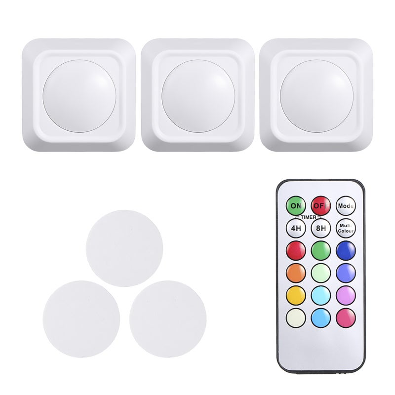 4.5 فولت 1 واط أضواء LED دائرية متغيرة الألوان RGB عبوة من 3 قطع تعمل بالبطارية مع جهاز تحكم عن بعد وإعداد مؤقت زمني ووظيفة ضبط الوقت 12 لونًا متغيرًا إضاءة لاسلكية أسفل الخزانة للجدران والسلالم والباب الأمامي وغرفة النوم والخزانة وخزانة الملابس محمولة - Image 4