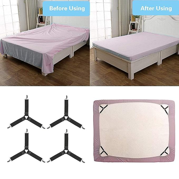 VEDHAK Bed Sheet Holders Straps Fasteners - 4 Pcs Triangle Sheet Fasteners Fitted Sheet Corner Holder Elastic Adjustable Band Sheet Holders Clip Suspenders Grippers(Black) - Image 5