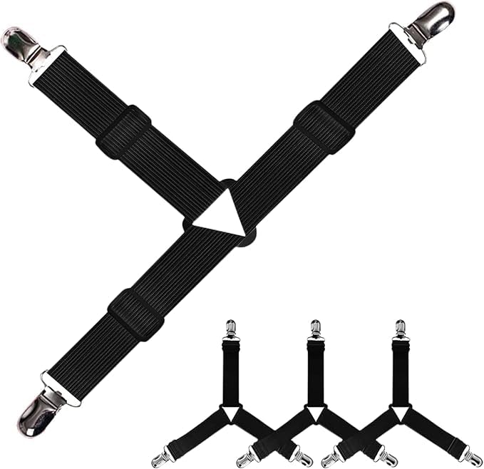 VEDHAK Bed Sheet Holders Straps Fasteners - 4 Pcs Triangle Sheet Fasteners Fitted Sheet Corner Holder Elastic Adjustable Band Sheet Holders Clip Suspenders Grippers(Black) - Image 1