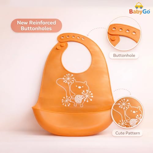 BabyGo Silicone Baby Bib for Feeding & Weaning Infants & Toddlers |Waterproof, Washable & Reusable | Adjustable Neckline, Lightweight & Foldable Bib with Deep Food Catcher Pocket |Orange (Pack of 1) - Image 4