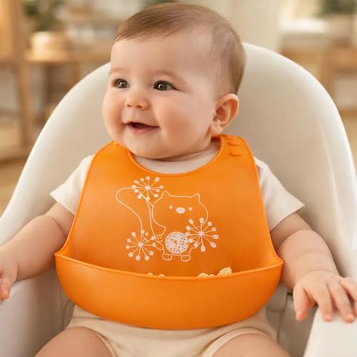 BabyGo Silicone Baby Bib for Feeding & Weaning Infants & Toddlers |Waterproof, Washable & Reusable | Adjustable Neckline, Lightweight & Foldable Bib with Deep Food Catcher Pocket |Orange (Pack of 1) - Image 1