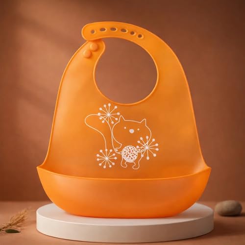 BabyGo Silicone Baby Bib for Feeding & Weaning Infants & Toddlers |Waterproof, Washable & Reusable | Adjustable Neckline, Lightweight & Foldable Bib with Deep Food Catcher Pocket |Orange (Pack of 1) - Image 2