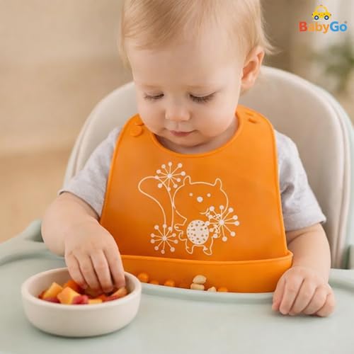 BabyGo Silicone Baby Bib for Feeding & Weaning Infants & Toddlers |Waterproof, Washable & Reusable | Adjustable Neckline, Lightweight & Foldable Bib with Deep Food Catcher Pocket |Orange (Pack of 1) - Image 5