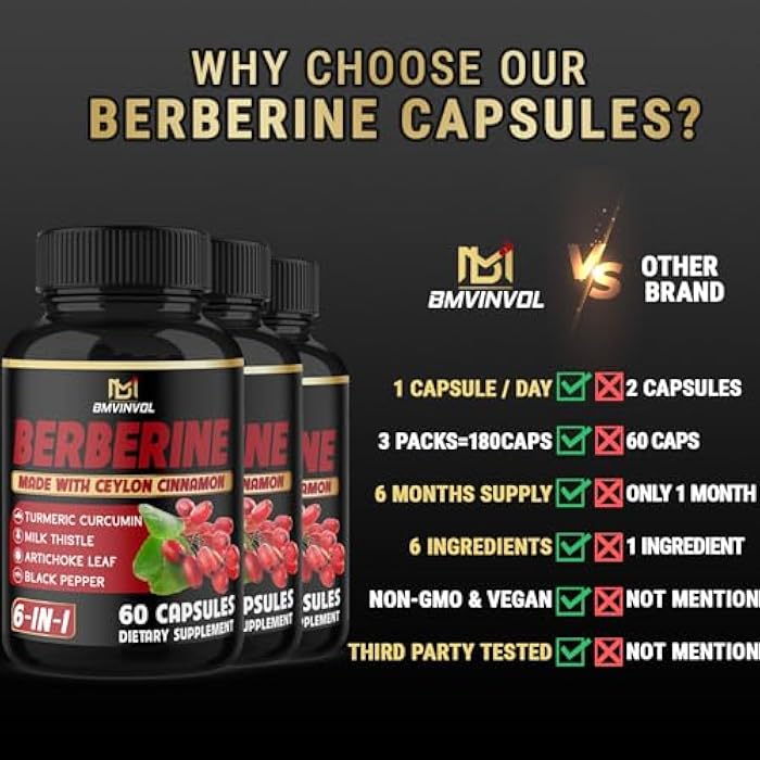 BMVINVOL (3 Packs) Berberine Supplement Plus Ceylon Cinnamon, Milk Thistle, Turmeric, Artichoke Leaf, Black Peppe - 6 Month Supply - 180 Capsules Total - Image 5