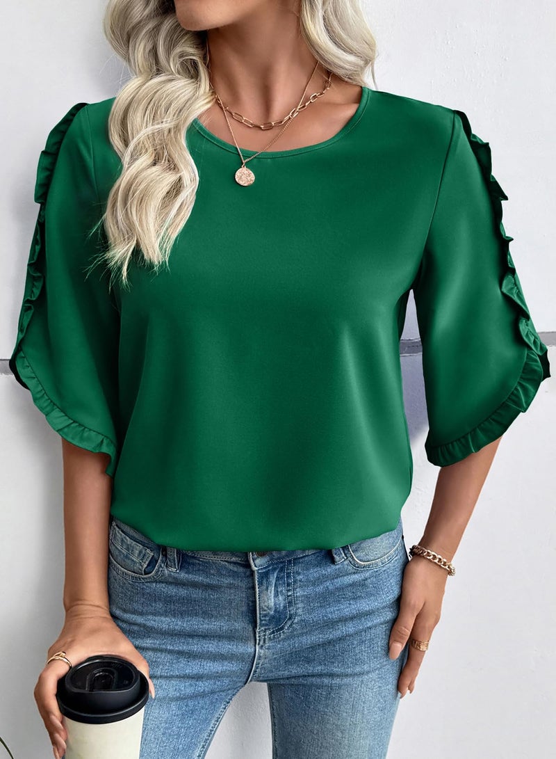 EVALESS 3/4 Length Sleeve Womens Tops Dressy Casual Blouses Cute Crewneck Ruffle Sleeve Shirts Fashion 2026 Spring Summer Outfits Business Work Tops Dark Green X-Large - Image 5