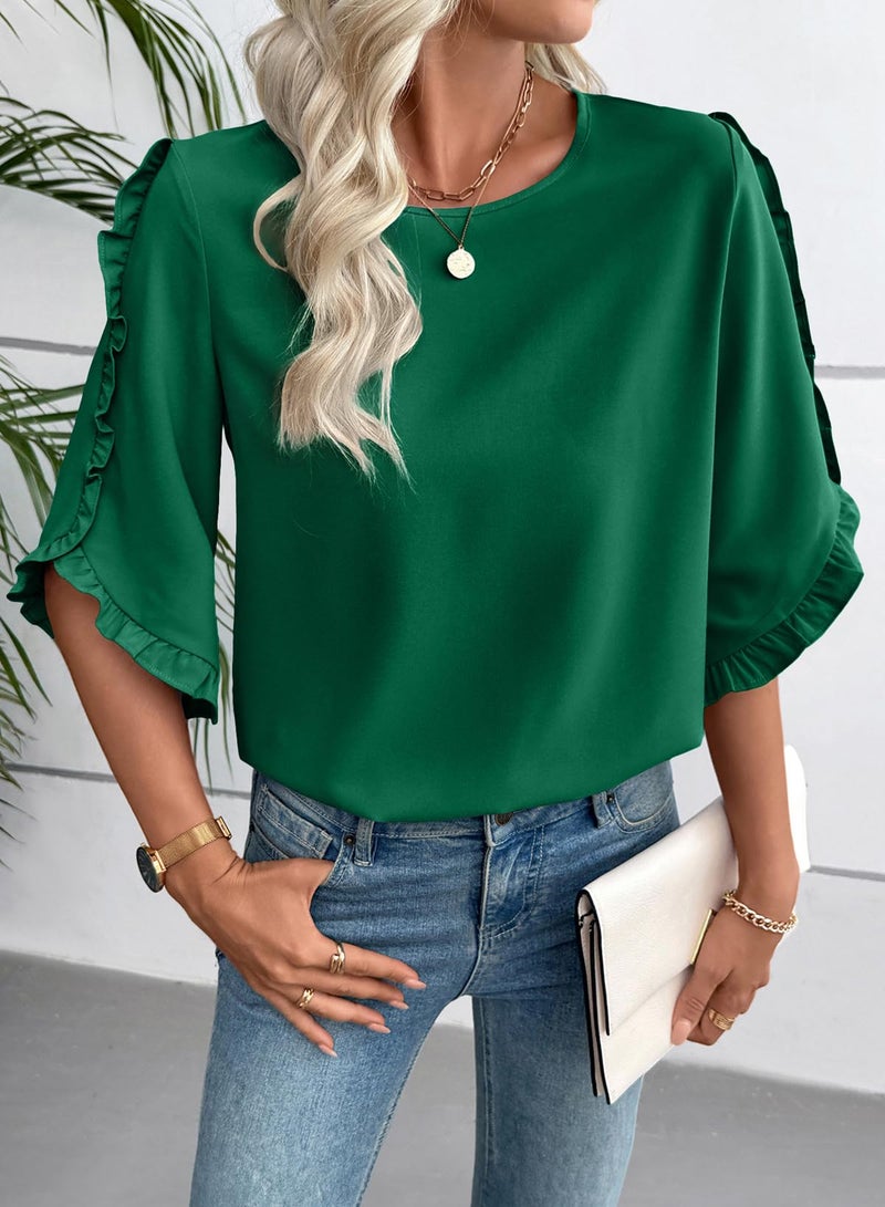 EVALESS 3/4 Length Sleeve Womens Tops Dressy Casual Blouses Cute Crewneck Ruffle Sleeve Shirts Fashion 2026 Spring Summer Outfits Business Work Tops Dark Green X-Large - Image 2
