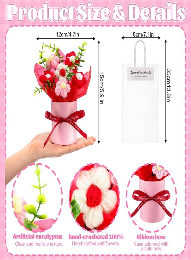 Willinglong 6 Set Valentine's Day Crochet Puff Flowers Potted Plants, 4.7" x 5.9" Mini Artificial Knitted Woven Flowers Bouquets with Gift Bag for Women Table Centerpiece Decoration(Red) - Image 2