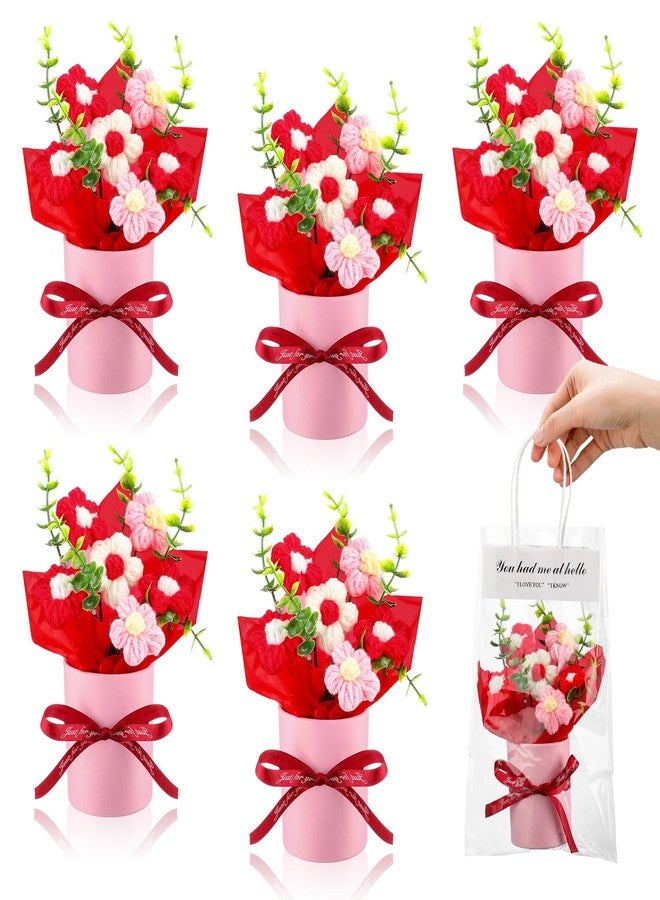 Willinglong 6 Set Valentine's Day Crochet Puff Flowers Potted Plants, 4.7" x 5.9" Mini Artificial Knitted Woven Flowers Bouquets with Gift Bag for Women Table Centerpiece Decoration(Red) - Image 1