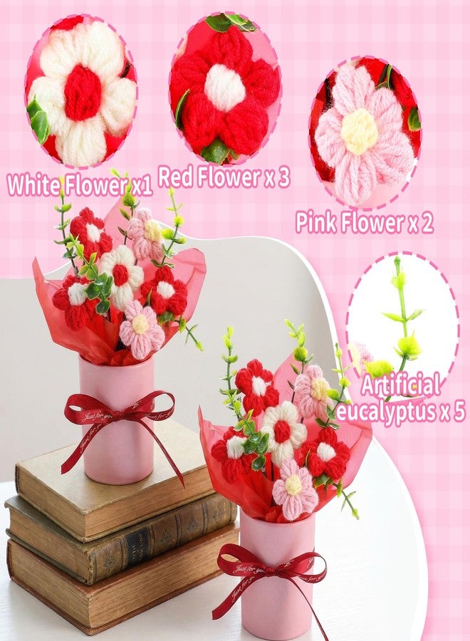 Willinglong 6 Set Valentine's Day Crochet Puff Flowers Potted Plants, 4.7" x 5.9" Mini Artificial Knitted Woven Flowers Bouquets with Gift Bag for Women Table Centerpiece Decoration(Red) - Image 3
