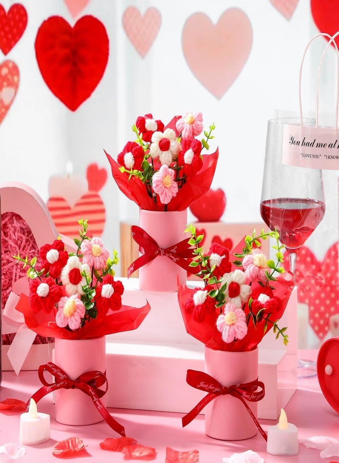 Willinglong 6 Set Valentine's Day Crochet Puff Flowers Potted Plants, 4.7" x 5.9" Mini Artificial Knitted Woven Flowers Bouquets with Gift Bag for Women Table Centerpiece Decoration(Red) - Image 4