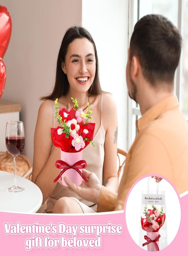 Willinglong 6 Set Valentine's Day Crochet Puff Flowers Potted Plants, 4.7" x 5.9" Mini Artificial Knitted Woven Flowers Bouquets with Gift Bag for Women Table Centerpiece Decoration(Red) - Image 5