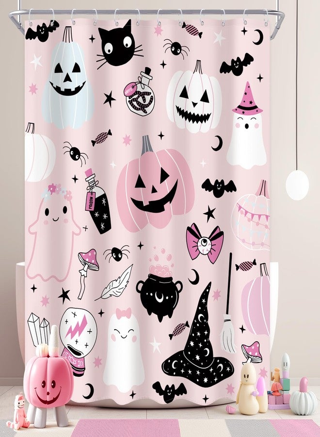 Ufeela Halloween Pumpkin Shower Curtain 60Wx72L Inch Kids Pink Cute Cartoon Spooky Ghost Crystal Ball Bathroom Set Lovely Funny Witch Candy Bath Curtain Bathtub Accessories Home Decor - Image 1